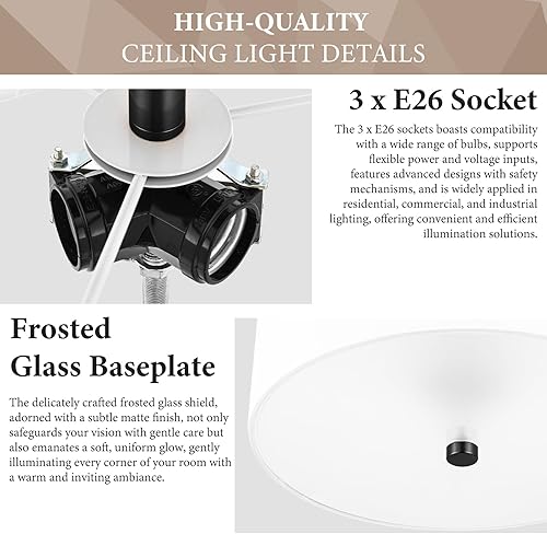 Miniatura 5 de Lámpara de techo semiempotrada de 3 luces, luz de tambor negra de 13 pulgadas, moderna lámpara de techo con pantalla de tela blanca para dormitorio,
