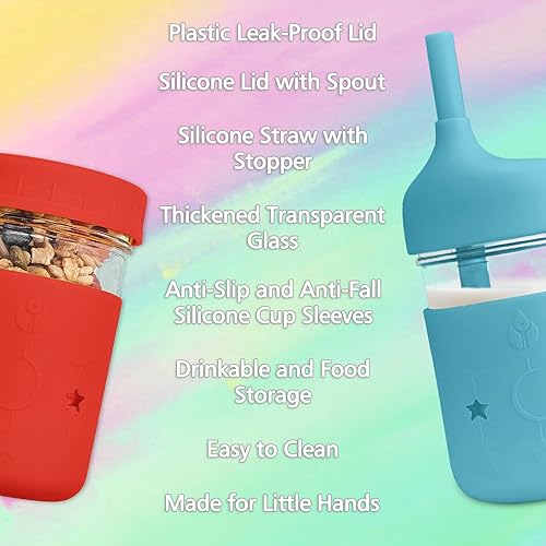 Miniatura 4 de Vasos de vidrio para niños con tapas y popotes, tazas para sorber de 8 onzas, vasos para aperitivos para niños pequeños a prueba de derrames con