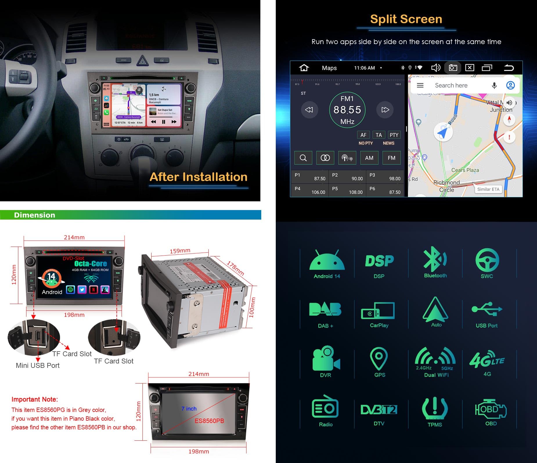Erisin 8-Core Android 14 Bluetooth 5.0 DVD Autoradio per Opel Astra H Antara Corsa C/D Vivaro Zafira Vectra Meriva Signum Combo 7" Supporta GPS Navigatore CarPlay Android Auto DAB+ 4GB RAM+64GB ROM