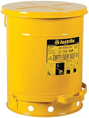 Justrite 09301 Latas de seguridad amarillas de acero galvanizado de 10 galones para residuos aceitosos