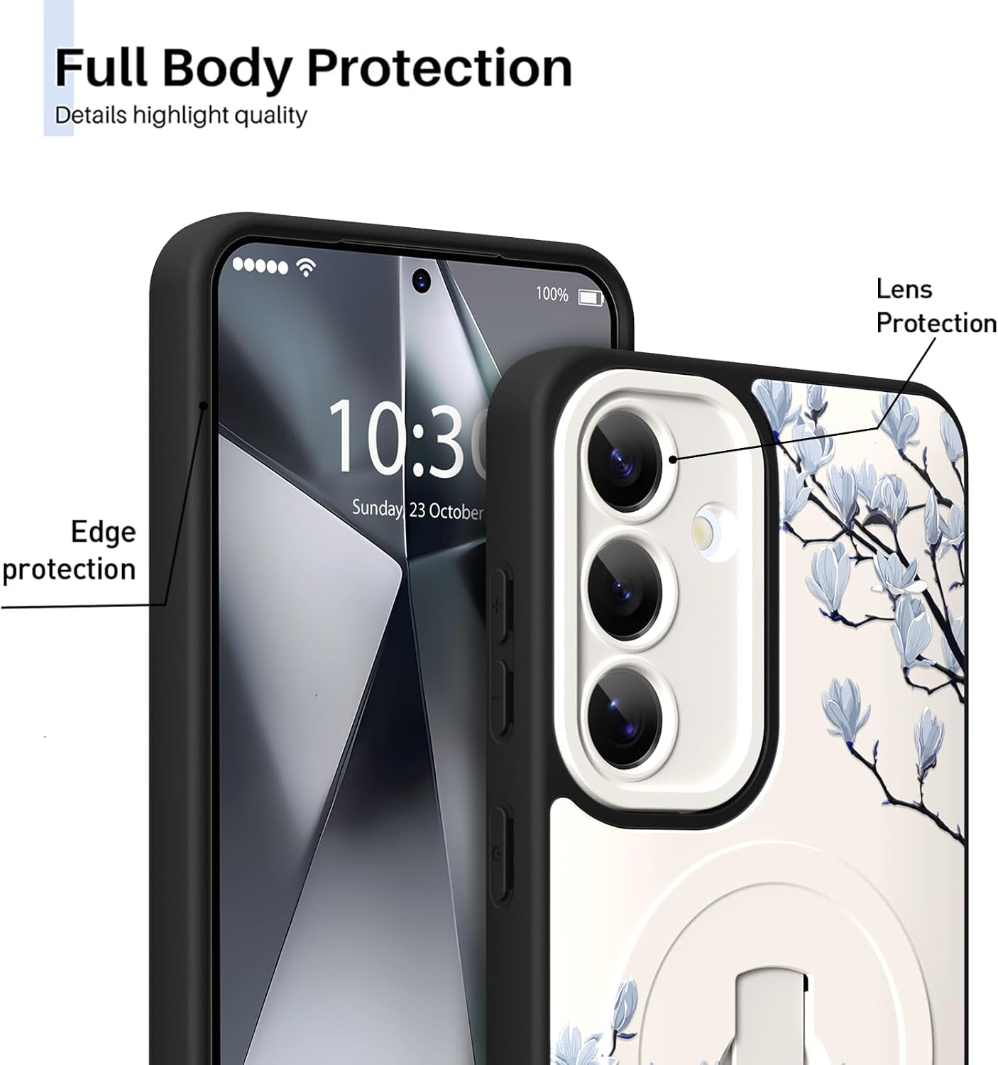 Magnetic Case Compatible with Samsung Galaxy S24 for Women Men, Cute Flower Floral Pattern, Built in Adjustable Wrist Strap Grip Hand Holder Shockproof Kickstand Cover (White)