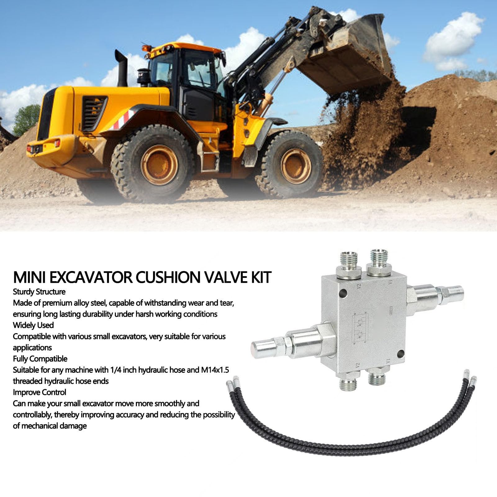 Cocoarm Zestaw Zaworu Poduszki do Minikoparki, Zestaw Złączy Węża Hydraulicznego ze Stali Stopowej z 1 4-calowym Gwintem M14x1,5, Wstępnie Zmontowane Płynne Sterowanie do Minikoparki