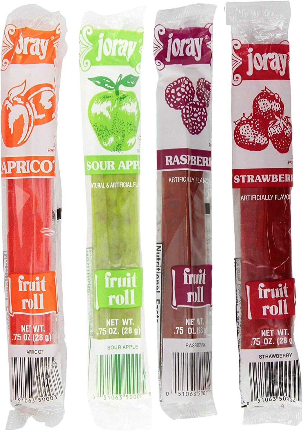 Joray Fruit Roll Variety Pack! Apricot, Strawberry, Raspberry, Sour Apple.75 Oz Fruit Leather (Total of 24 Fruit Leathers)