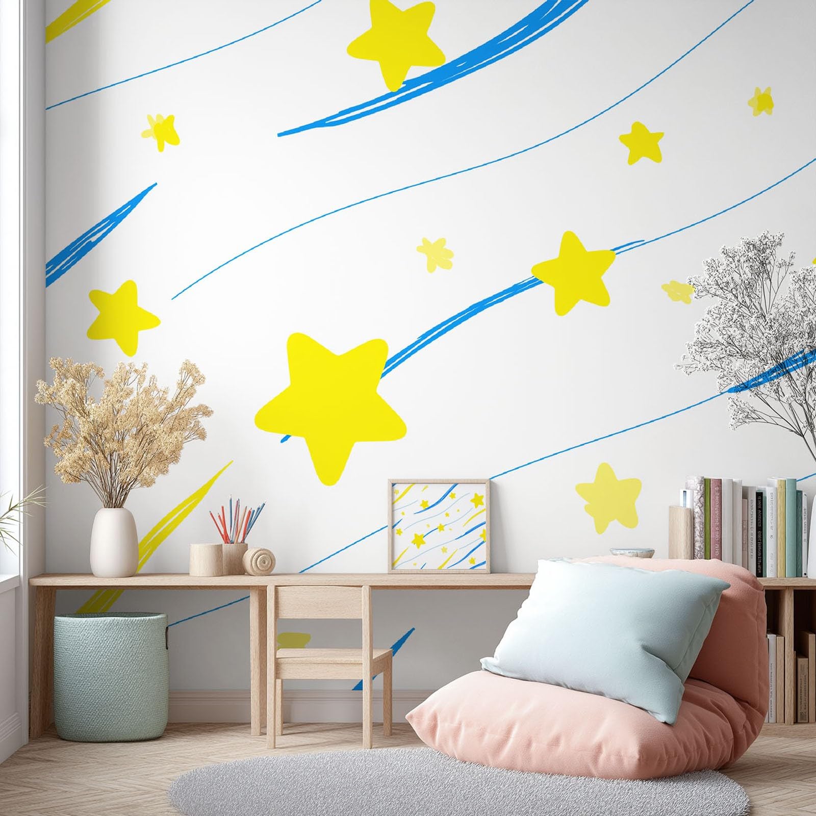 Tapeta mural panoramiczny 200 x 140 cm, minimalna dziecięca, jasna fototapeta do pokoju dziecięcego, pokoju gier, gwiazdy, niebieskie linie, prosta włóknina, okrycie pokoju, dekoracja, biała