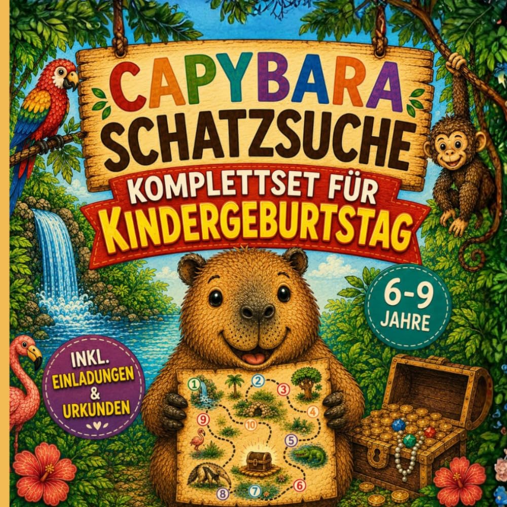 Capybara Schatzsuche - Kindergeburtstag Komplettset für Kinder von 6-9 Jahren: drinnen & draußen spielbar | inkl. Einladungen und Urkunden (Schatzsuche-Abenteuer für Kinder)