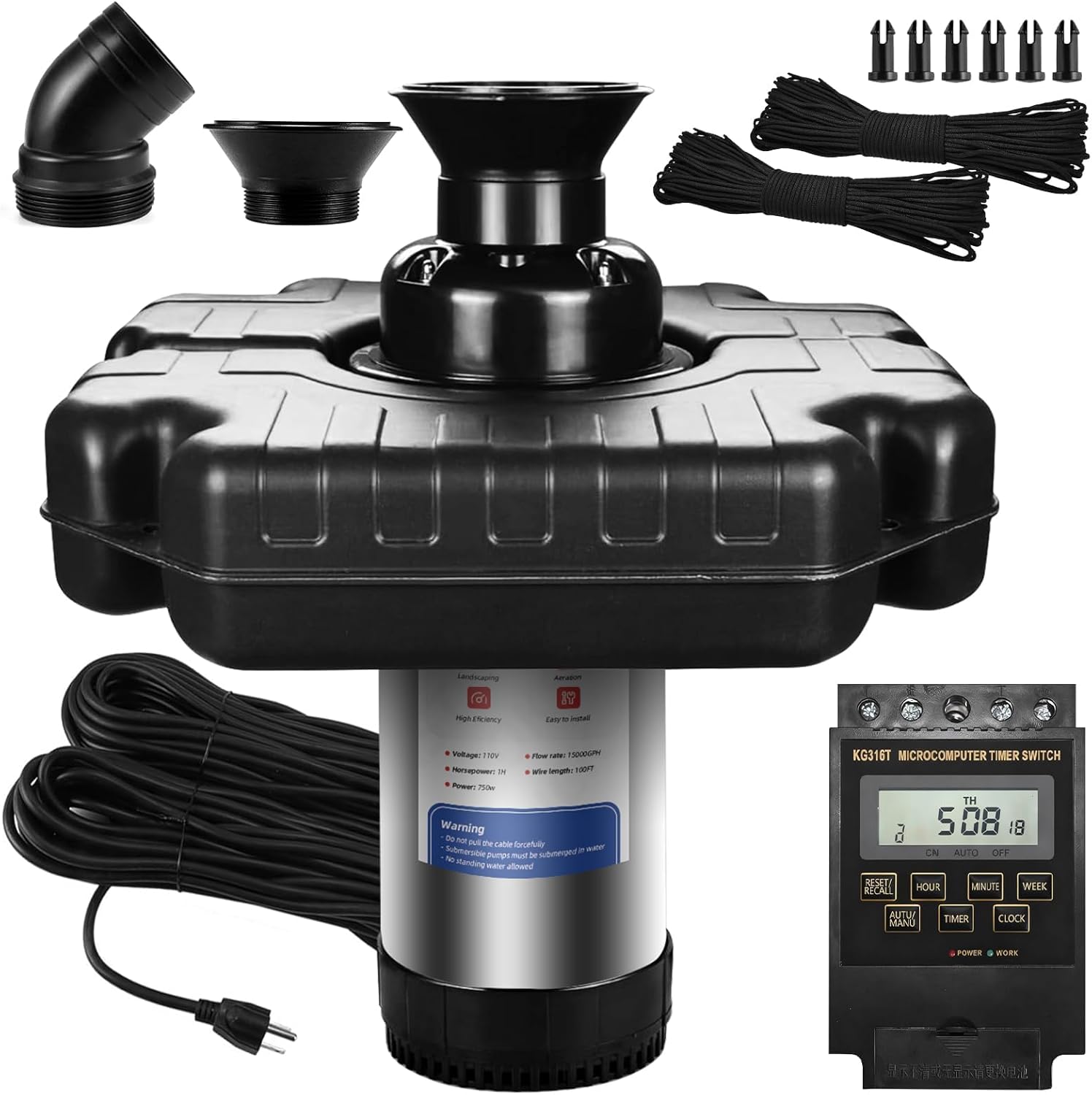 Floating Pond Fountain 1HP 110V 750W with 98Ft Power Cord, Featuring a Timer,2 Fountain nozzles,Metal Pond Waterfall Pump.