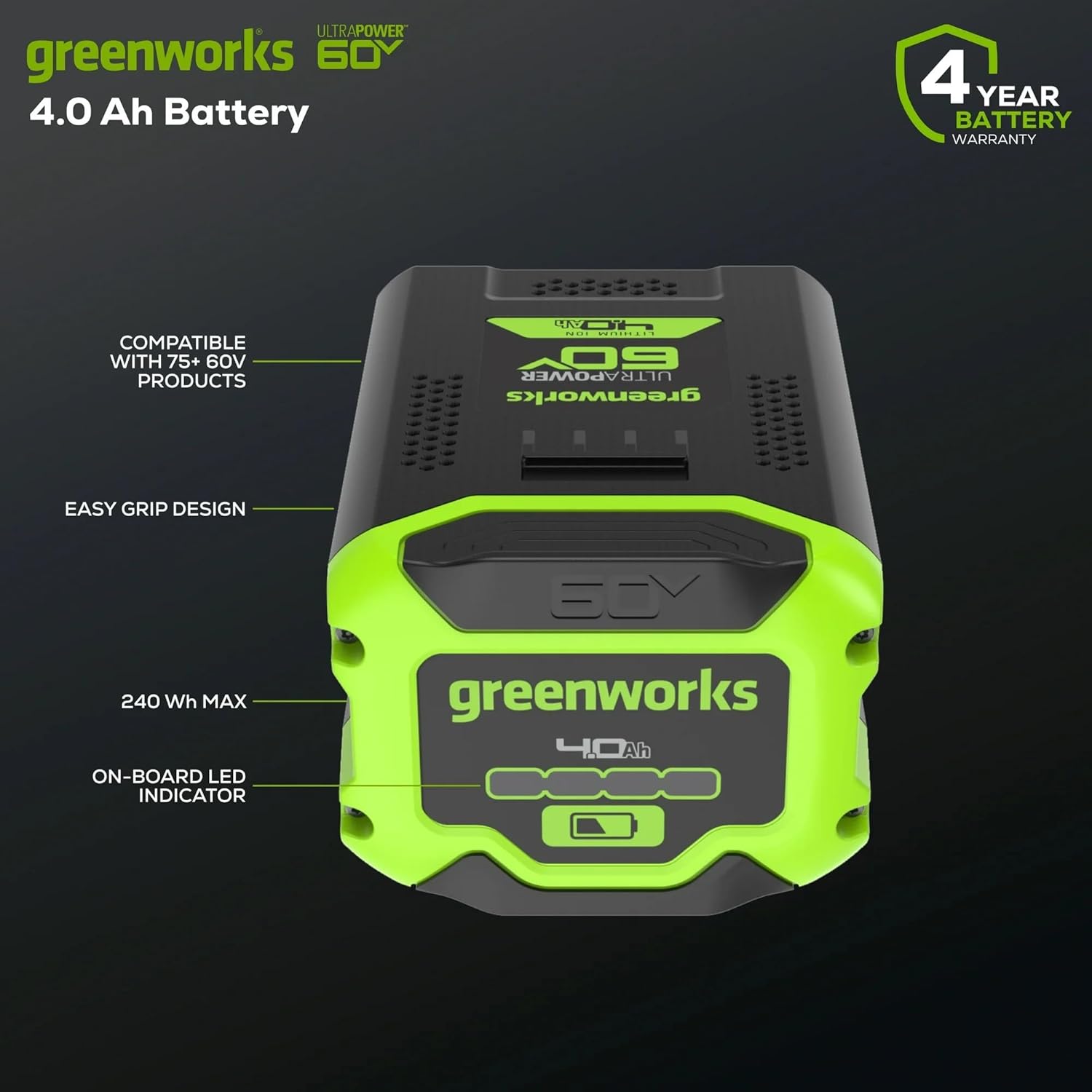 Greenworks 60V 4.0AH Ultra Power Battery | Provides Fade-Free Power for Maximum Performance | Compatible with 75+ Greenworks Tools