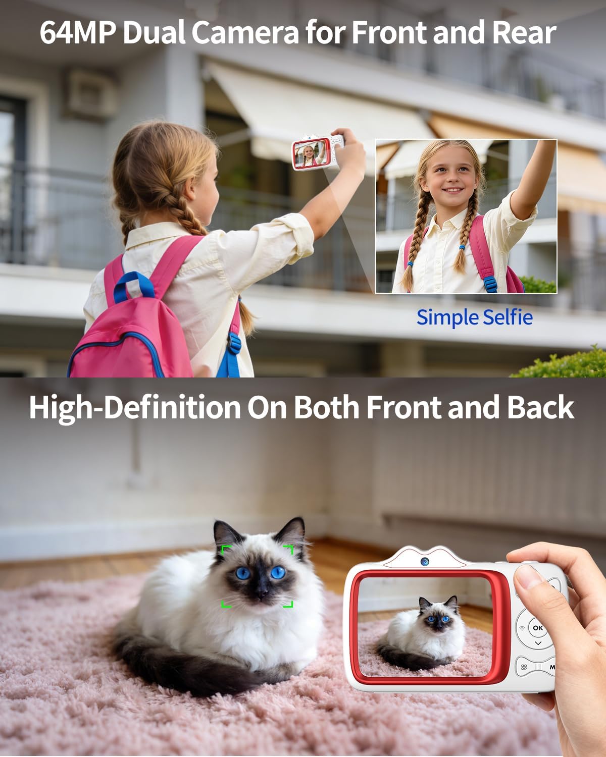 Digital Camera,4K 64MP Autofocus Vlogging Camera with Dual Lens,18X Zoom/WiFi/32GB Card/,Point and Shoot Cameras for Boys Girls Gifts (XJ700-White)