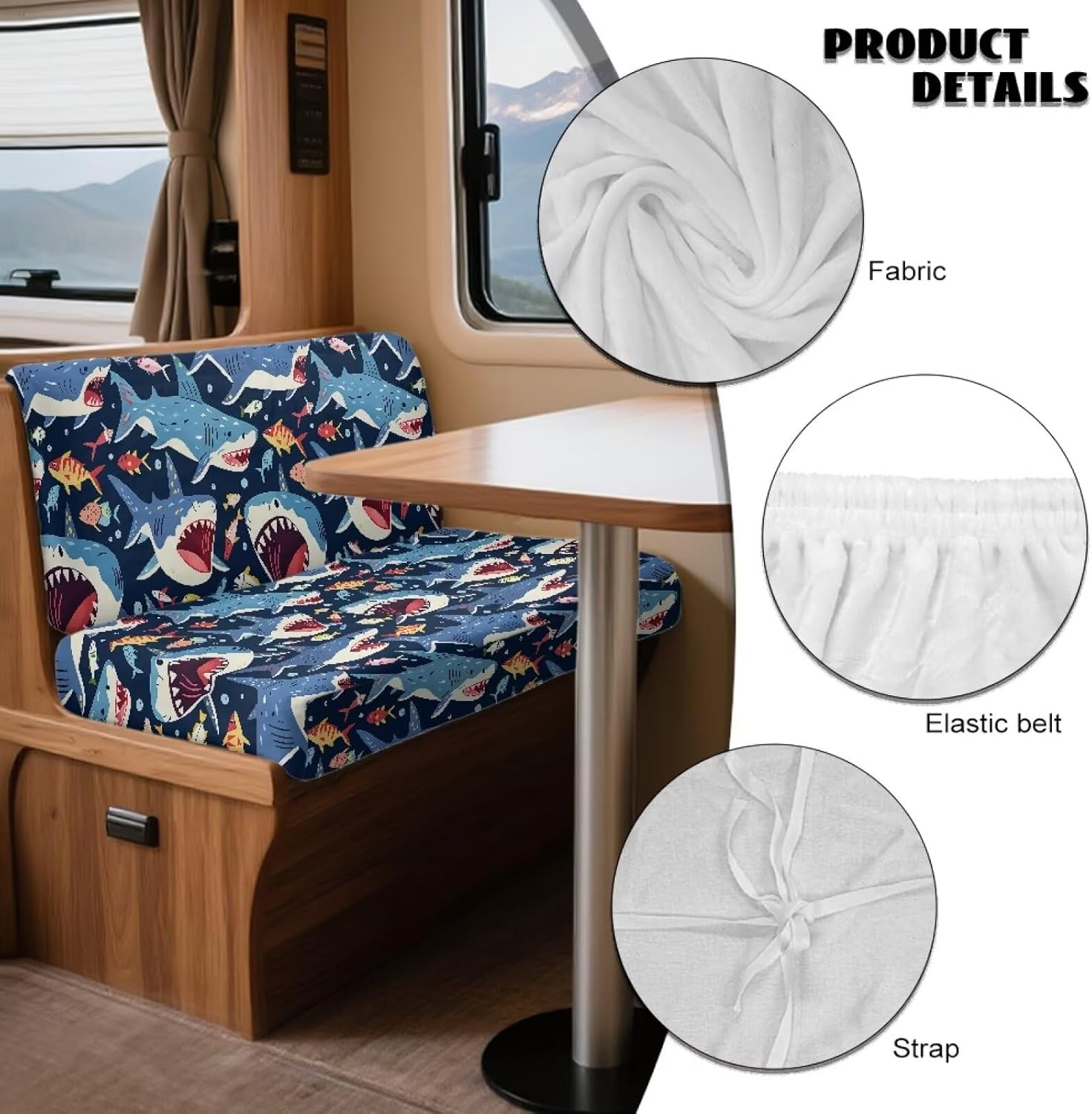 RV Dinette Cushion Covers, Shark 2-Piece Stretchable Camper Cushion Cover, Loveseat Cushions Slipcover, Couch Cover Replacement for RV Camper Car Bench