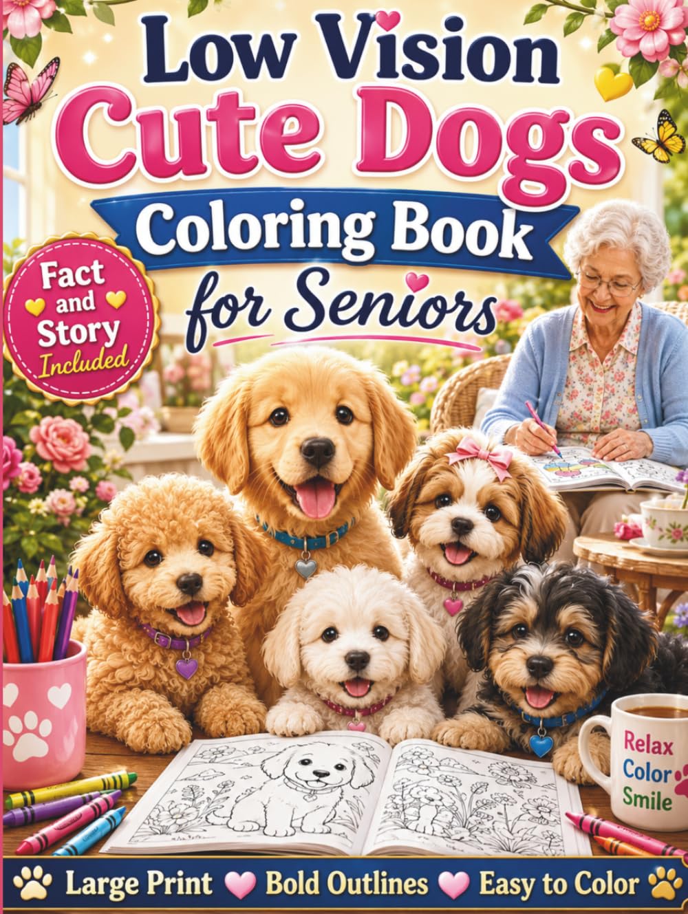 Low Vision Cute Dogs Coloring Book for Seniors: 50 Large Print Bold and Easy Dog Designs with High Contrast Pages for Relaxation, Stress Relief, and Easy Coloring