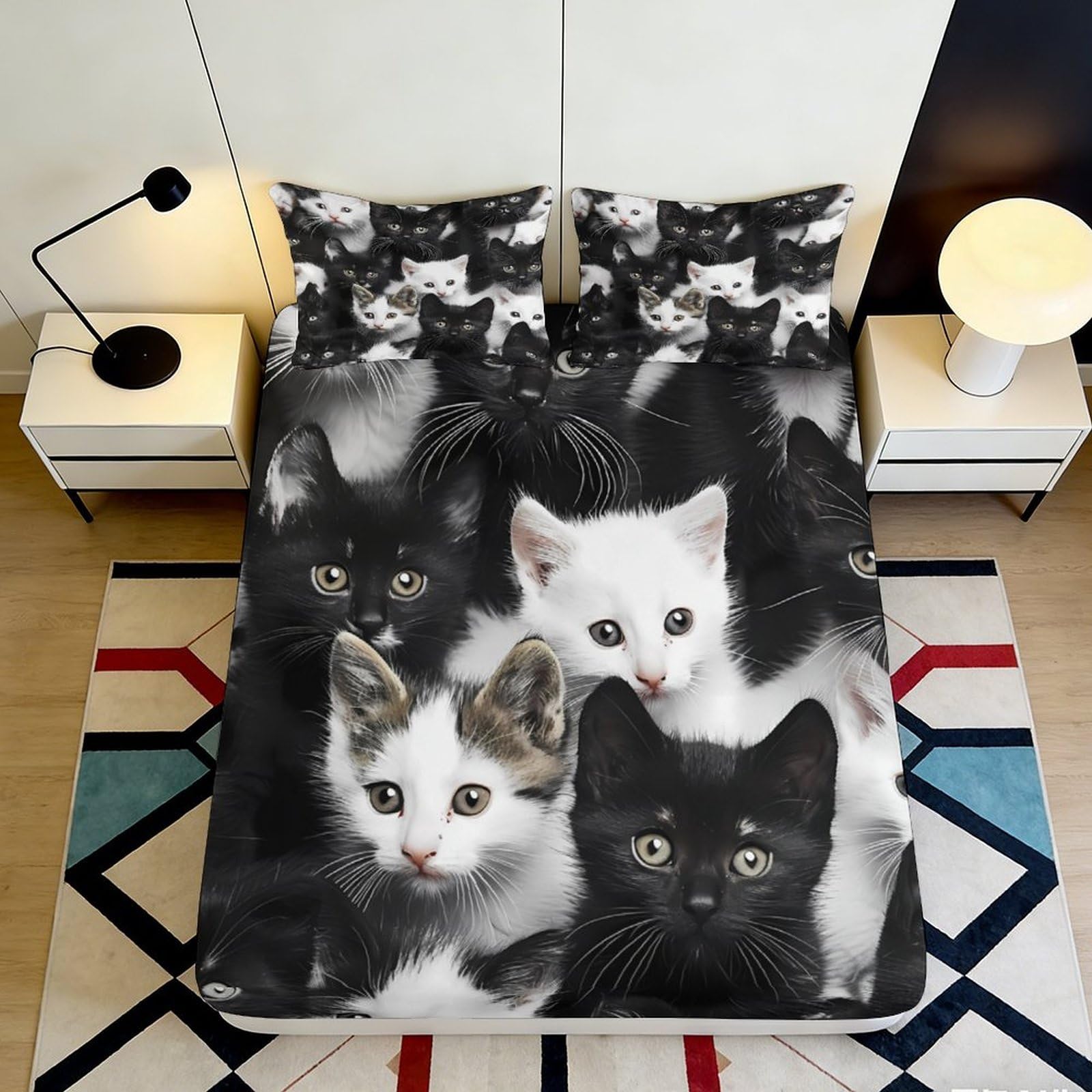 Jqzkxnhpbr Style-5 3D Printed Black Cat Fitted Sheet Microfiber Soft Breathable White Kitten Bed Cover For Bedroom Dorm Decor 90X200x25cm