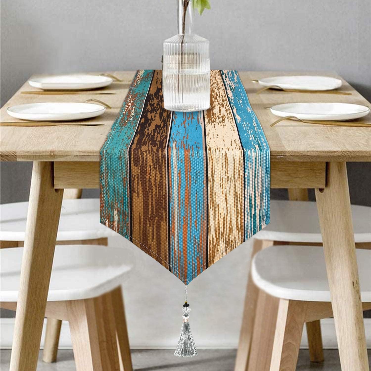 Grainy Tassel Table Runner Brown Blue Cotton Linen Tablecloth Eco-Friendly Durable Placemats for Dinner Party Holiday 35x180cm