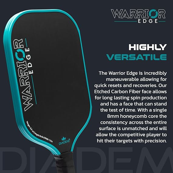 Diadem Warrior Edge Pickleball Paddles | Etched Carbon Face for Max Spin, 16mm Aero Guard, Comfort Max Grip, 16mm Honeycomb Core, Midweight 8oz | Indoor/Outdoor | USAPA Approved