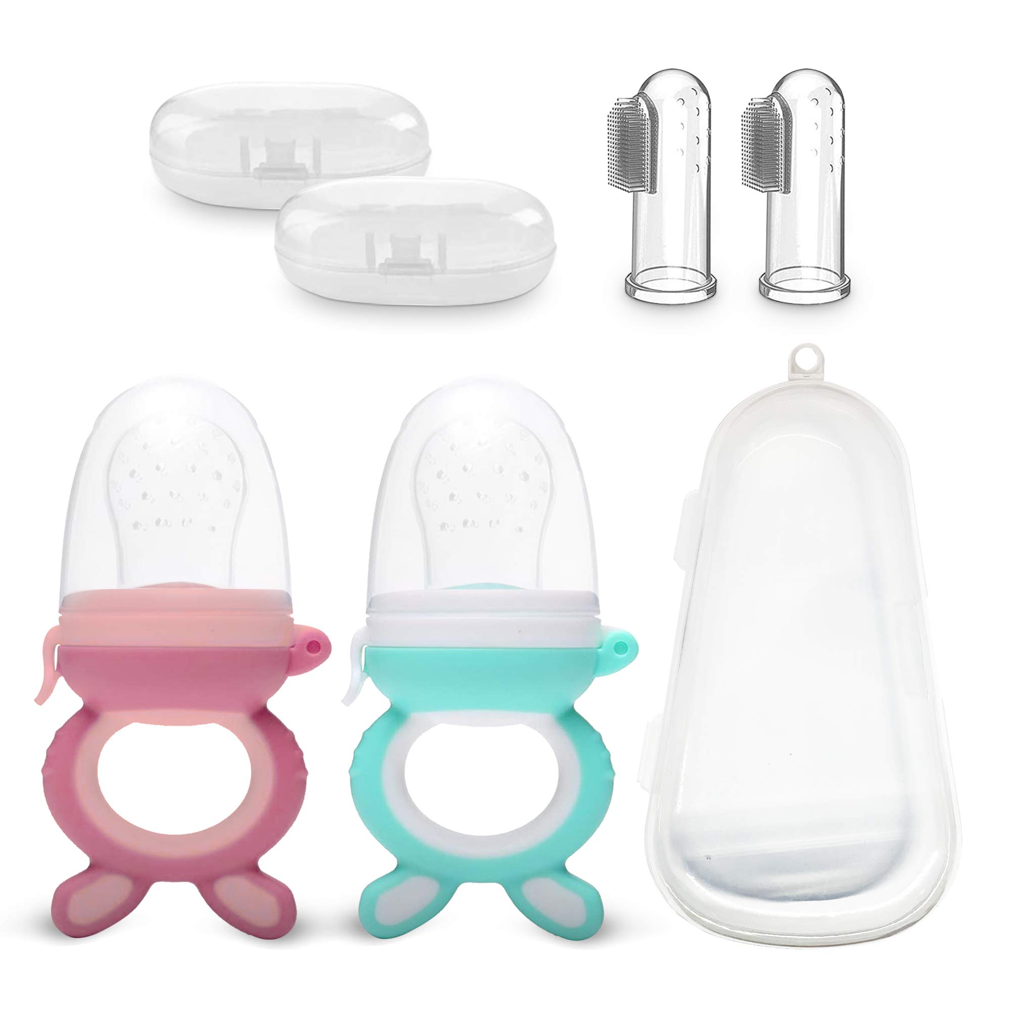 Set Includes, Rabbit Ears Design Fruit and Food Feeder Soothie,Pacifier including Nipples(2), Finger Toothbrush with Gum Massage for Toddler(2), All Items Are In Travel Case, Fun Packaging For Gifting