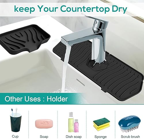 Miniatura 10 de Protector contra salpicaduras para fregadero de cocina y bandeja de jabón, tapete protector de silicona para grifo, soporte de esponja con boquilla