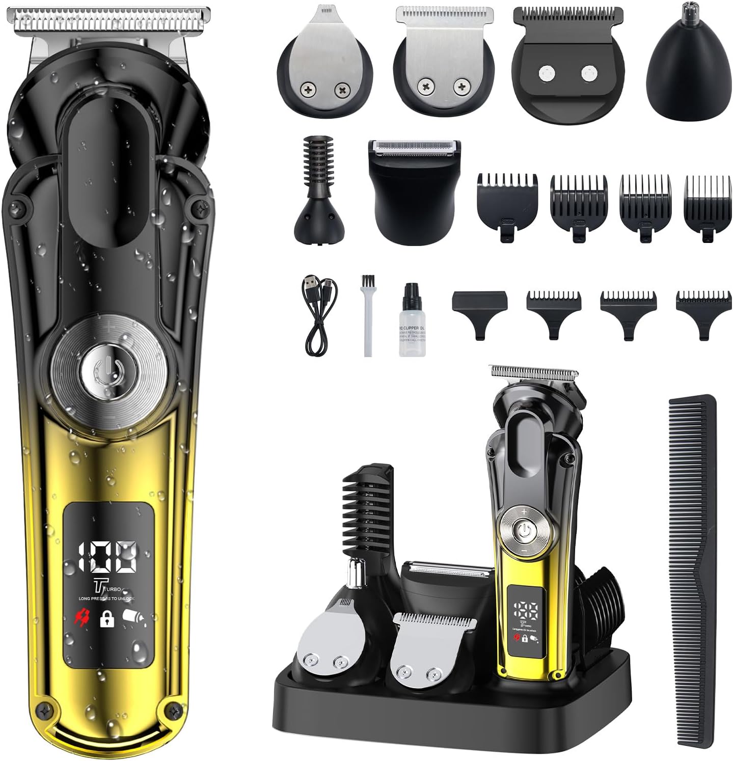 20 Piece Hair Clipper Beard Trimmer for Men, All-in-One Men's Grooming Kit for Nose,Ear,Body,Mustache, Cordless Electric Shaver Razor with IPX6 Waterproof,120-Min Runtime,LED Display
