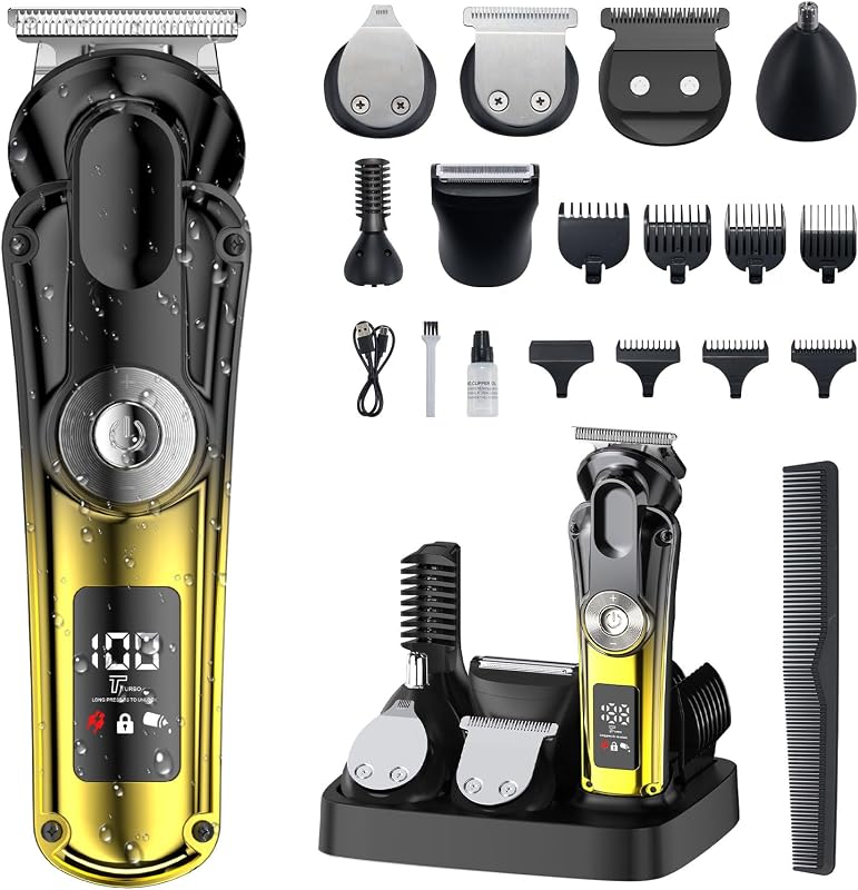 Aparador de pelos KOMINGDON com 20 peças, acessórios para barba, cabelo, nariz, orelhas e corpo, sem fio, IPX6, display LED