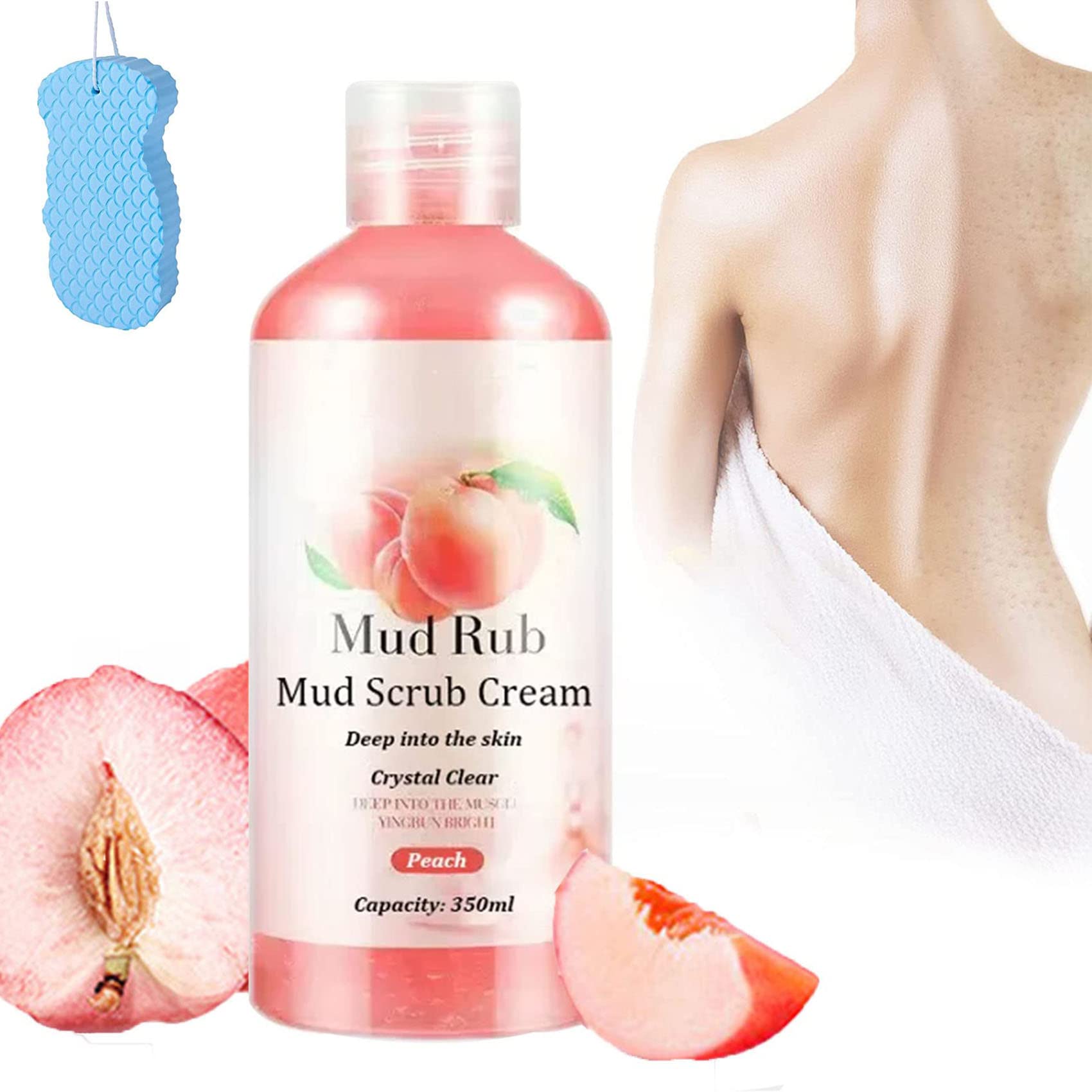 JICINME Rubbing Mud for Skin Gel, Mud Rubbing Artifact, Skin Cleansing Gel Mud Rub Exfoliating Whitening for Skin, Dead Skin Remover for Body Gel, with Bath Sponge (peach)