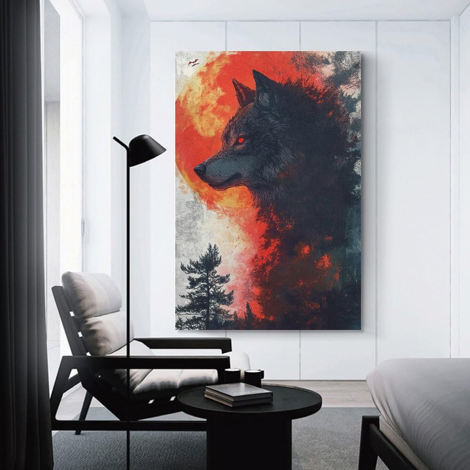Junmoney Canvas Wall Picture Wolf Blood Moon, 24x36inch(60x90cm), for Home Lounge, Bedroom Or Reading Nook, A Home Accent with Warm Character