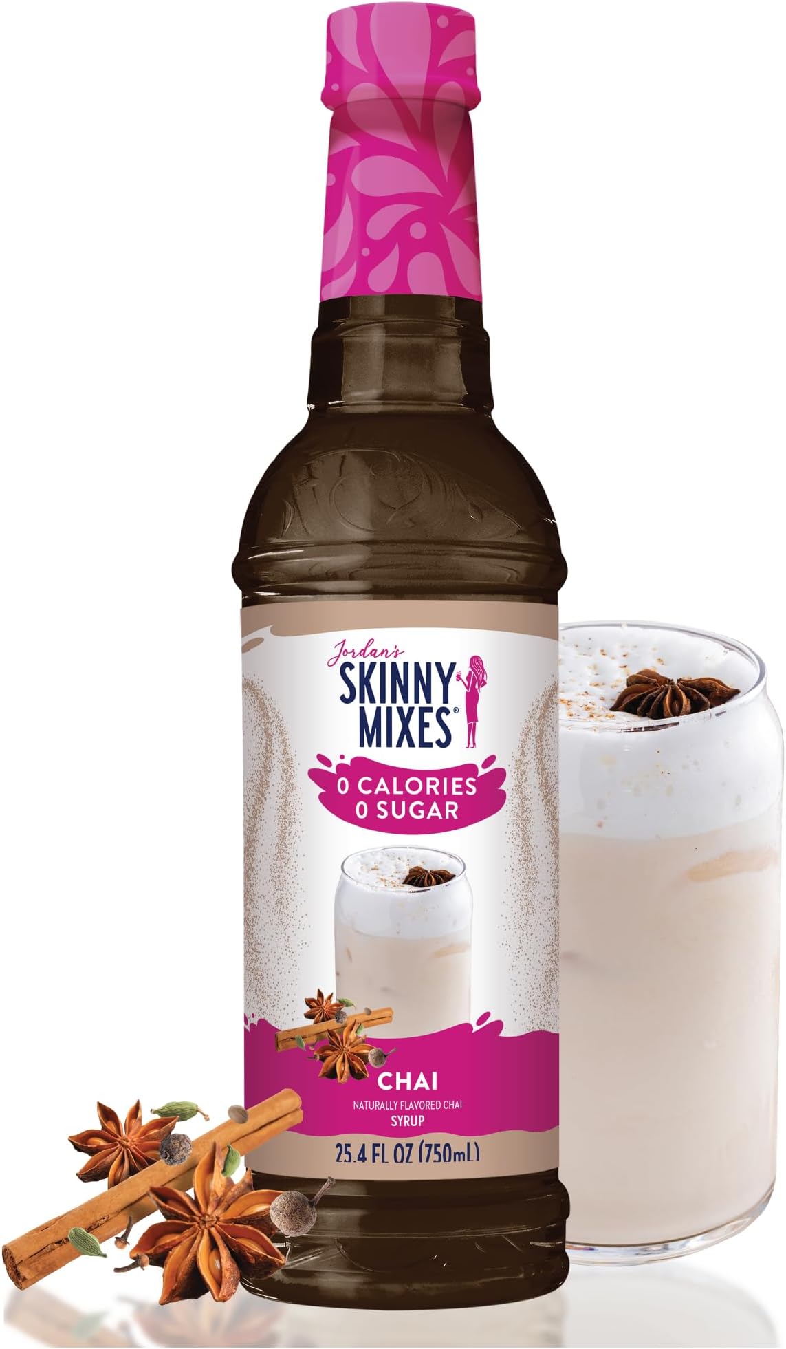 Jordan's Skinny Mixes Sugar Free Coffee Syrup, Chai Coffee Flavoring Syrup, Zero Calorie Drink Mix, Chai Lattes, Baking, Protein Shake or Cocktail, Dairy & Gluten Free, Kosher, 25.4 Fl Oz