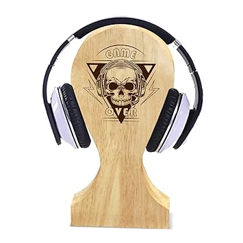Wooden Headphone Stand for Desk, Game Over Design/Headphone Holder for Gaming, Home Office and Internal Calling