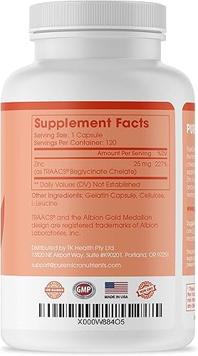 Miniatura 8 de Pure Micronutrients Suplemento de zinc suplementos de glicinato de zinc natural quelado 25 mg 120 cápsulas Anaranjado 1