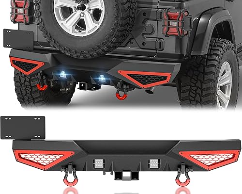Miniatura 15 de Parachoques trasero para Wrangler JK JKU con portador de neumáticos de repuesto compatible con Jeep Wrangler JK JKU 2007-2018 con 2 luces LED,