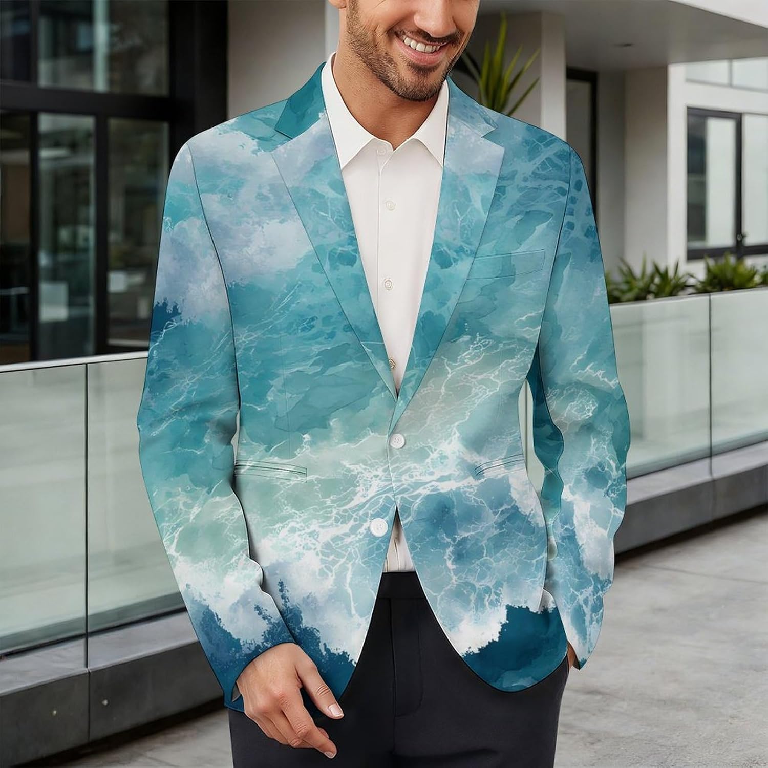 Ocean Waves Suits Blazer for Men Buttons Jacket Coat Business 6X-Large