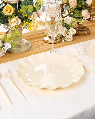 Miniatura 2 de LIYH - 20 piezas platos de plástico beige de 10 pulgadas reutilizables, platos de cena de plástico irrompible festoneados ondulados para baby