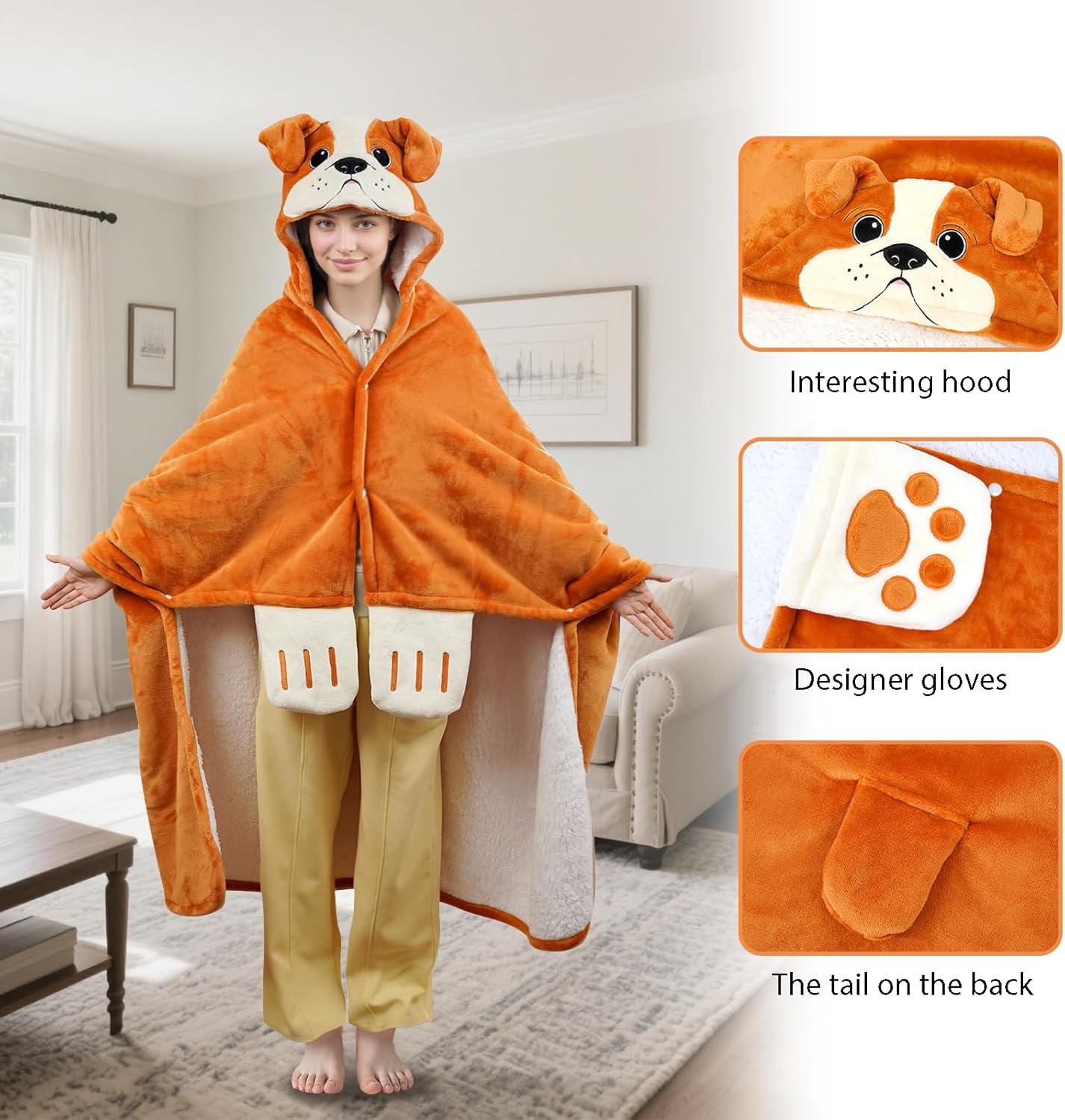 Tian Zhun English Bulldog Wearable Hooded Blanket for Women Fluffy Super Soft Flannel Adult Animal Blanket Gifts for Mothers Day Christmas Birthday 60" x 52"