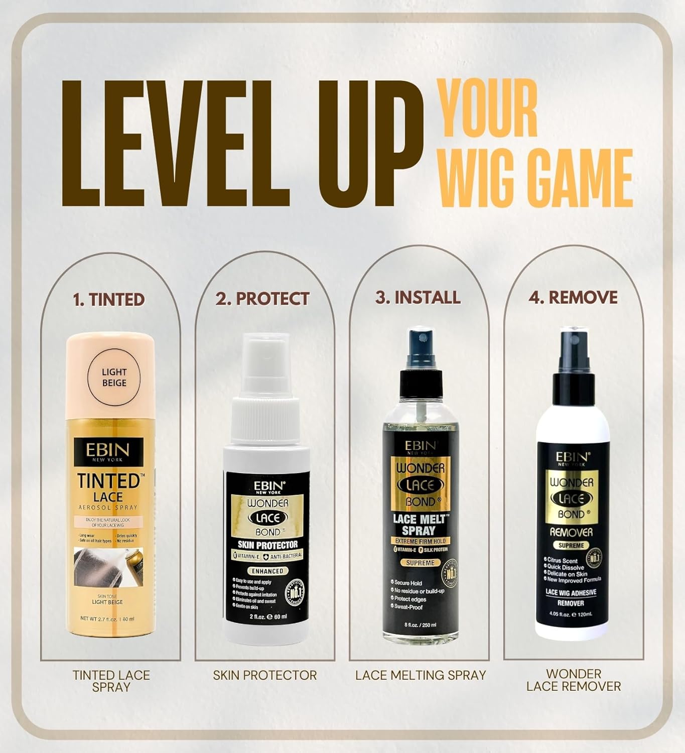 EBIN Lace Tint Spray Light Beige 2.7 oz Bundle with Lace Melting Spray 8 oz + Adhesive Remover 4.05oz + Skin Protector 2oz by EBIN NEW YORK – Wig Application Gift Set (4 Items)