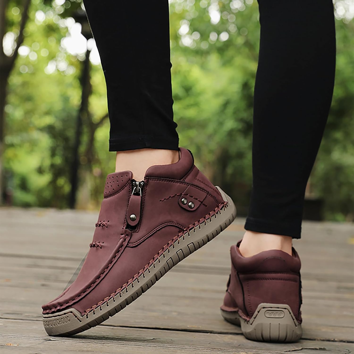 Women Leather Handmade Ankle Boots With Side Zippe Casual Lightweight Mid Top Hiking Loafers Comfortable Non-Slip Driving Walking Shoes - Image 2