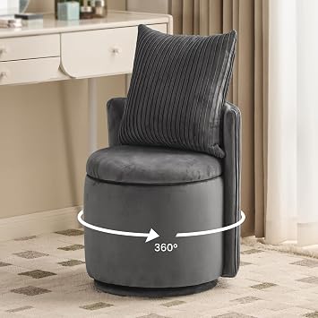 Velvet Vanity Chair with Storage, 360 Swivel Round Storage Ottoman with Pillows, No Assembly Modern Comfy Makeup Stool for Bedroom, Dressing, Living Room Grey