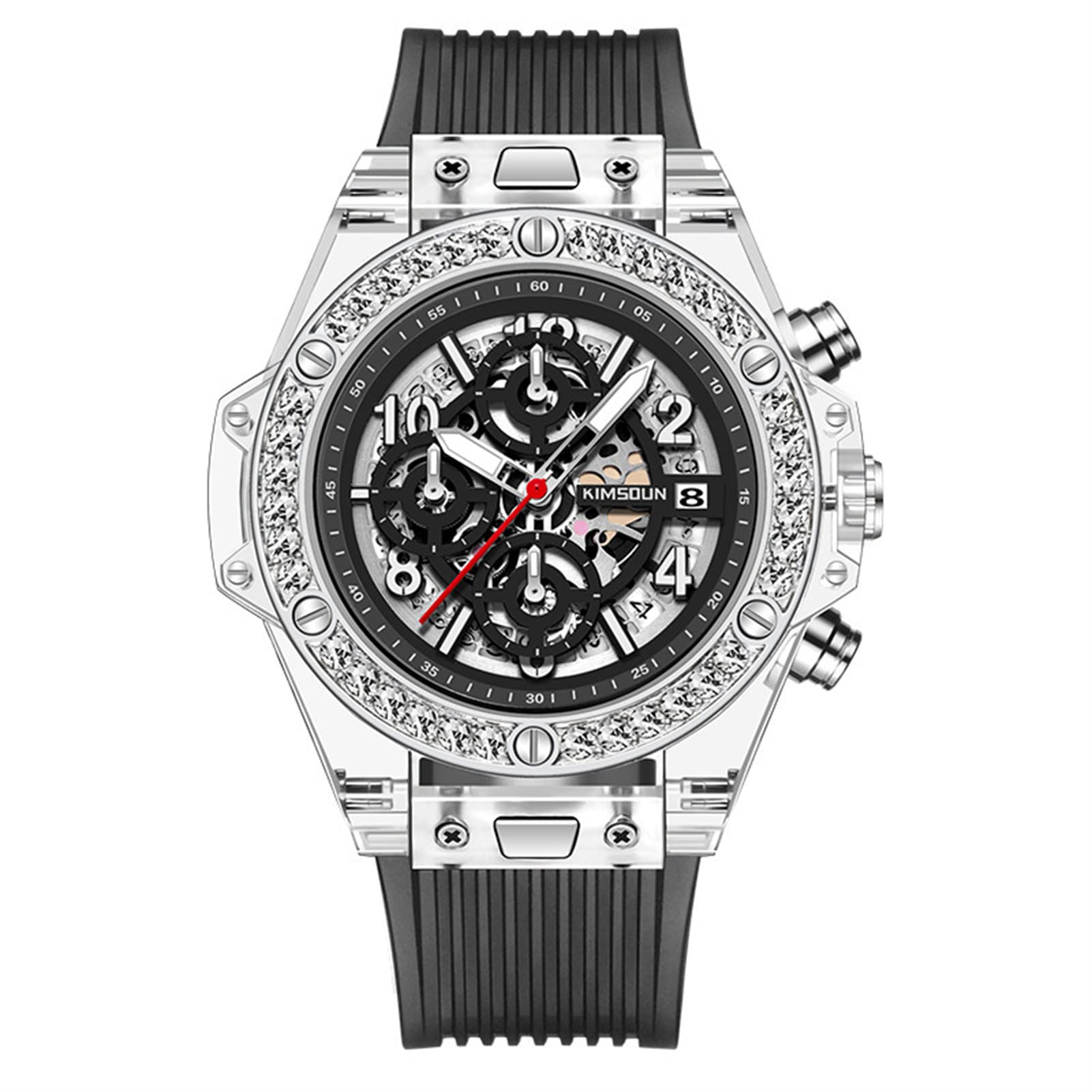 Relojes de cuarzo para hombre, cronógrafo analógico, cronógrafo de moda, diseño de esqueleto de negocios, con correa de silicona, resistente al agua, Blanco y negro.