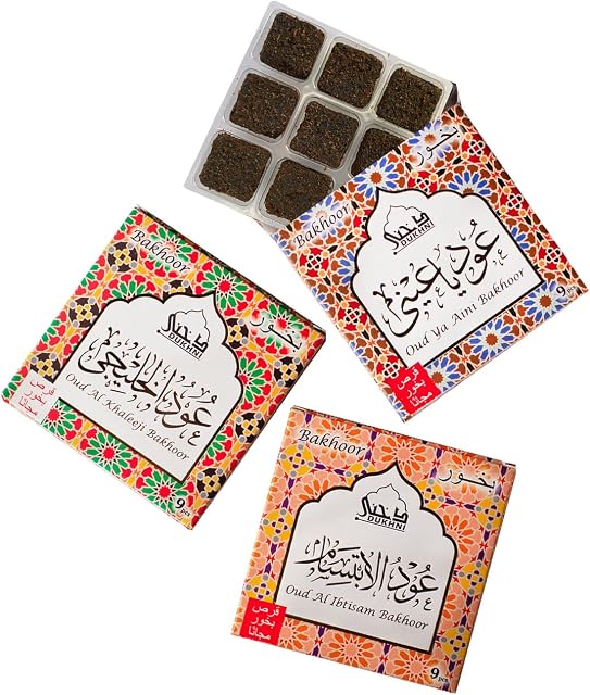Oud Ya Aini, Oud Al Khaleeji, Oud Al Ibtisam Bakhoor   by Dukhni | 3 x 9 Piece each | Assorted Arabic Bakhoor Incense | Perfect to Relax, Meditate & Pray | Rich, Luxurious, Long Lasting