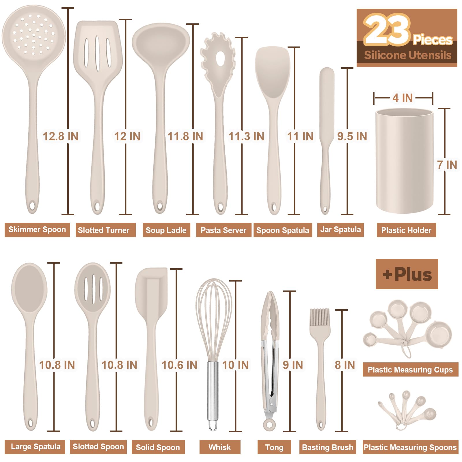 E-far - Juego de utensilios de cocina de silicona, 23 piezas, color caqui, con soporte para utensilios de cocina antiadherentes, incluye espátula/cucharón/cucharón/pinzas/volteador, resistente al