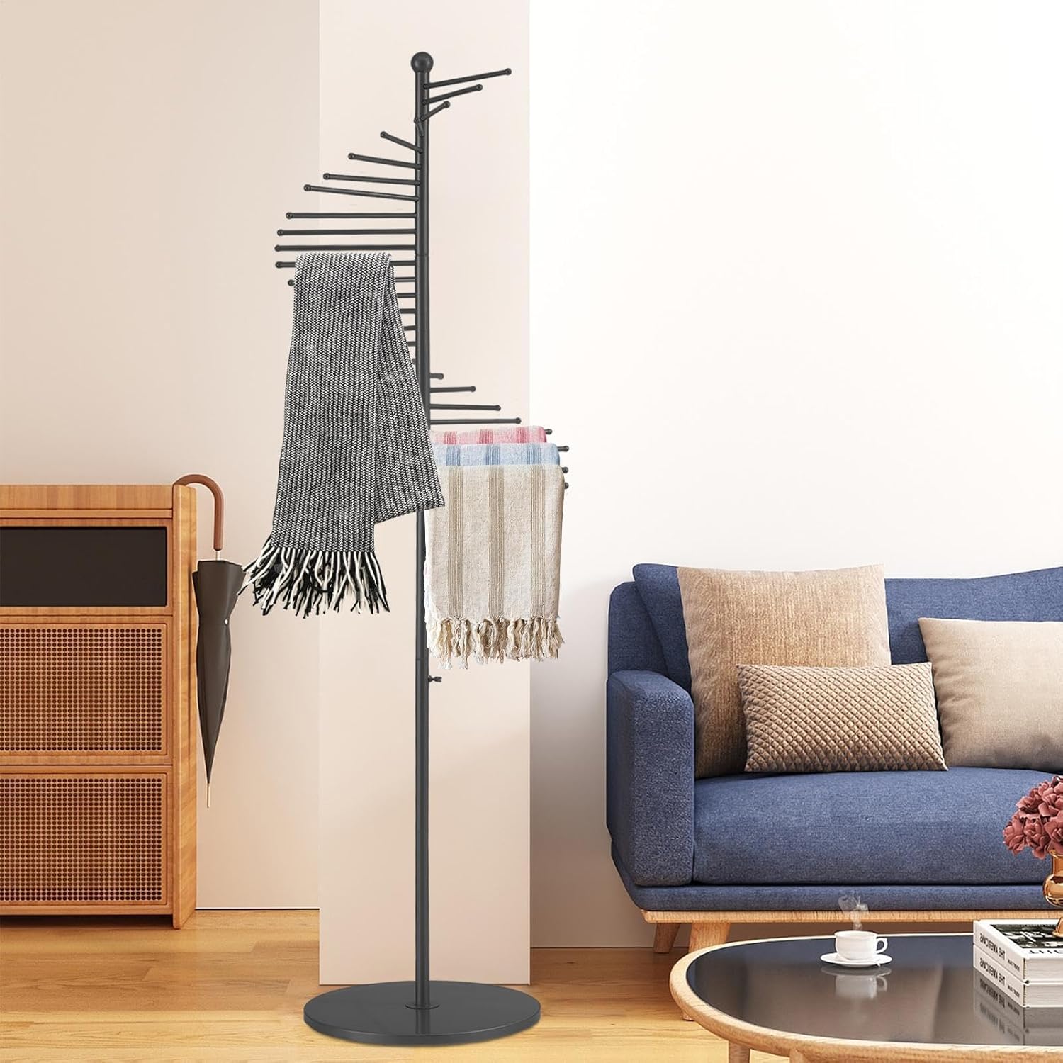 Floor-Standing Metal Spiral Scarf Display Stand,67" 30 Rods Spiral Scarf Holder,Creative Clothing Store Silk Scarf Shawl Storage Rack,Multi-Purpose Pants Rack Belt/tie Organizer Hanger Holder,Black