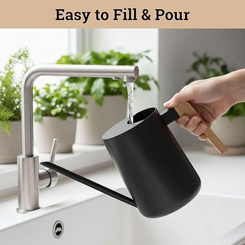 Miniatura 4 de Regadera pequeña de metal de 35 onzas con boquilla larga y mango de madera real para plantas de casa, suculentas, cactus y plántulas, regadera negra