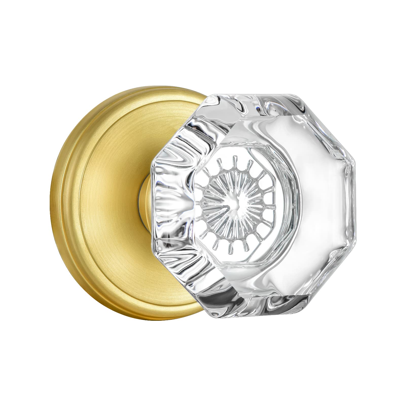CLCTK Octagon Crystal Glass Door Knobs Gold Door Knob, Passage Function Interior Door Knobs for Hall Closet, Satin Brass Finish