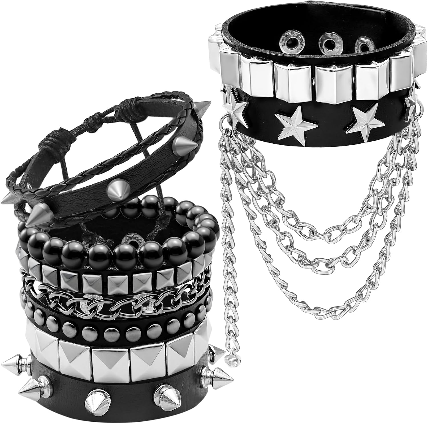 RechicGu 6 Pcs Emo Punk Rock Spiked Studded Bracelets Set for Women Men Goth Punk Grunge Accessories Adjustable PU Leather Cuff Bracelets Retro Beaded Y2K Star Chain Wristband for Alt Gothic Outfits