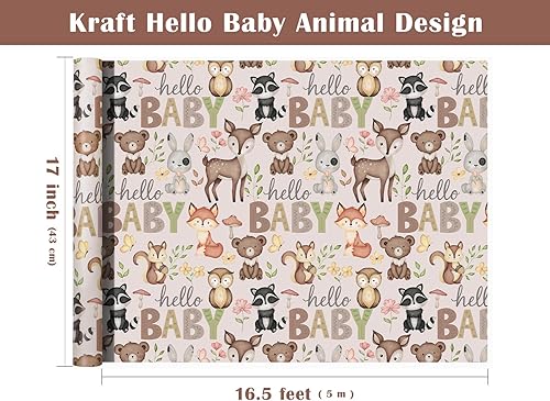 Miniatura 3 de WRAPAHOLIC Rollo de papel kraft para baby shower, mini rollo, 17 pulgadas x 16.5 pies, papel de regalo de animales del bosque pequeño para baby