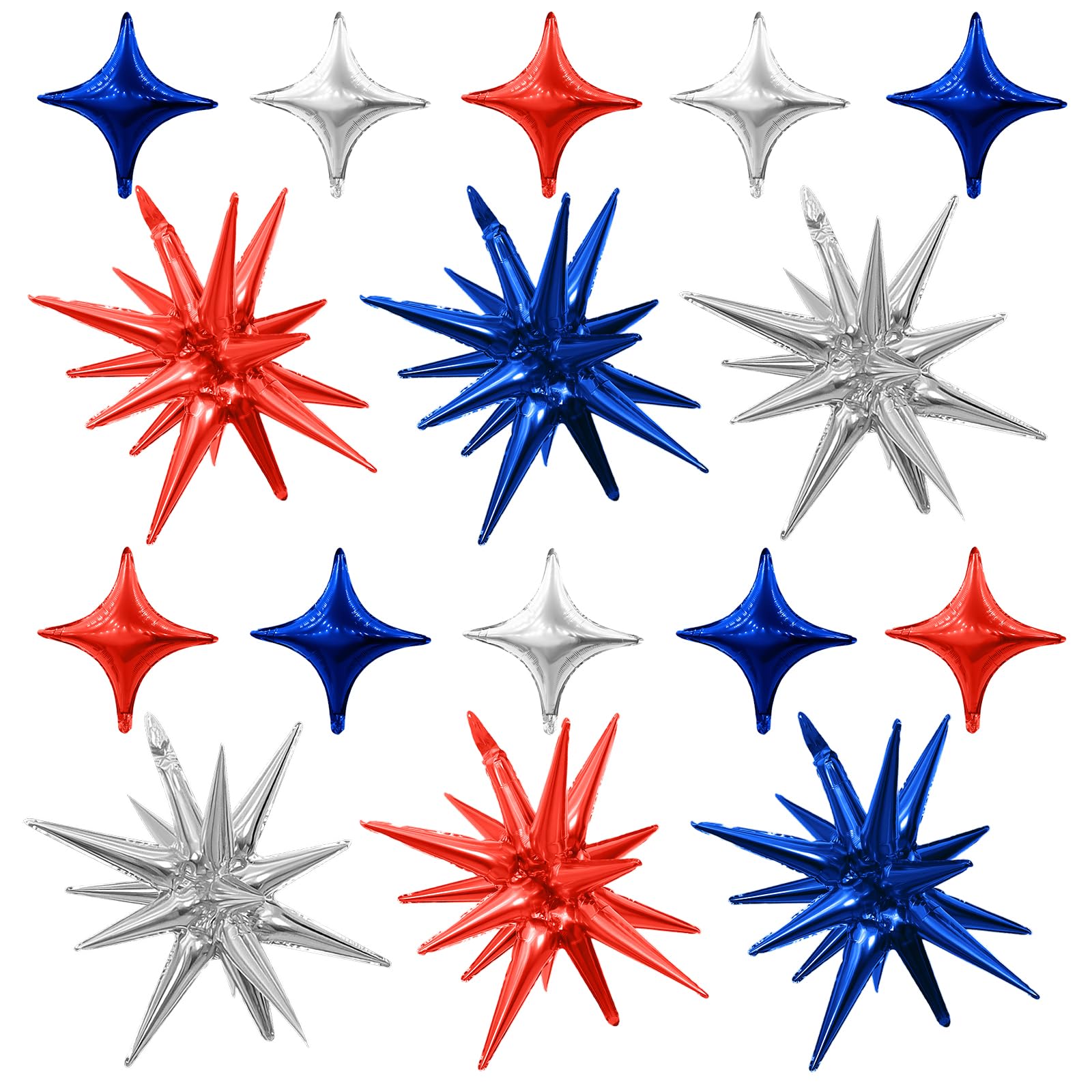 Red Blue Silver Star Balloons,6Pcs 22Inch Explosion Star Balloons and 10Pcs 10Inch Four Angle Balloon Kit for 4th of July Independence Day Birthday