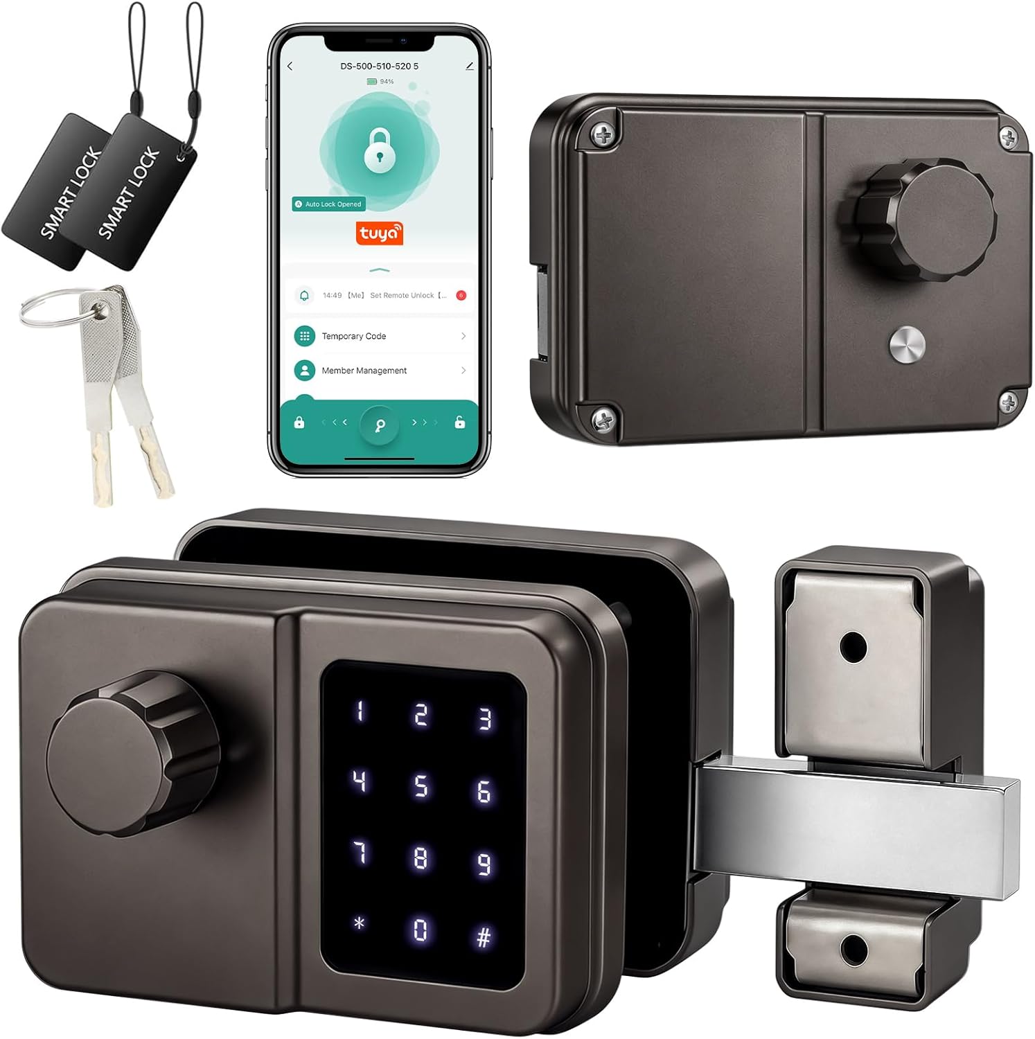 SEPOX Smart Gate Lock, Outdoor Gate Lock for Fence & Garage Door, Electronic Keyless Gate Lock IC Card, Passcode & Mechanical Key, Waterproof Rim Lock for Outdoor Garden Yard (Grey, Single Screen)