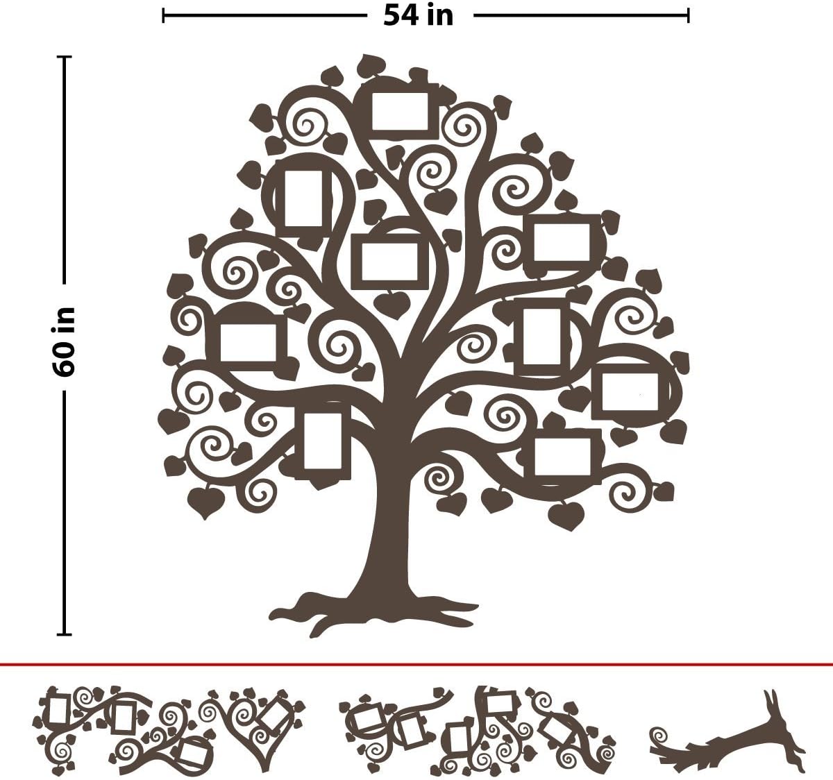 Giant Family Tree Picture Wall Decal | Home Decor Vinyl Art Photo Mural Curly Branch Sticker (Brown, 60x54 inches)