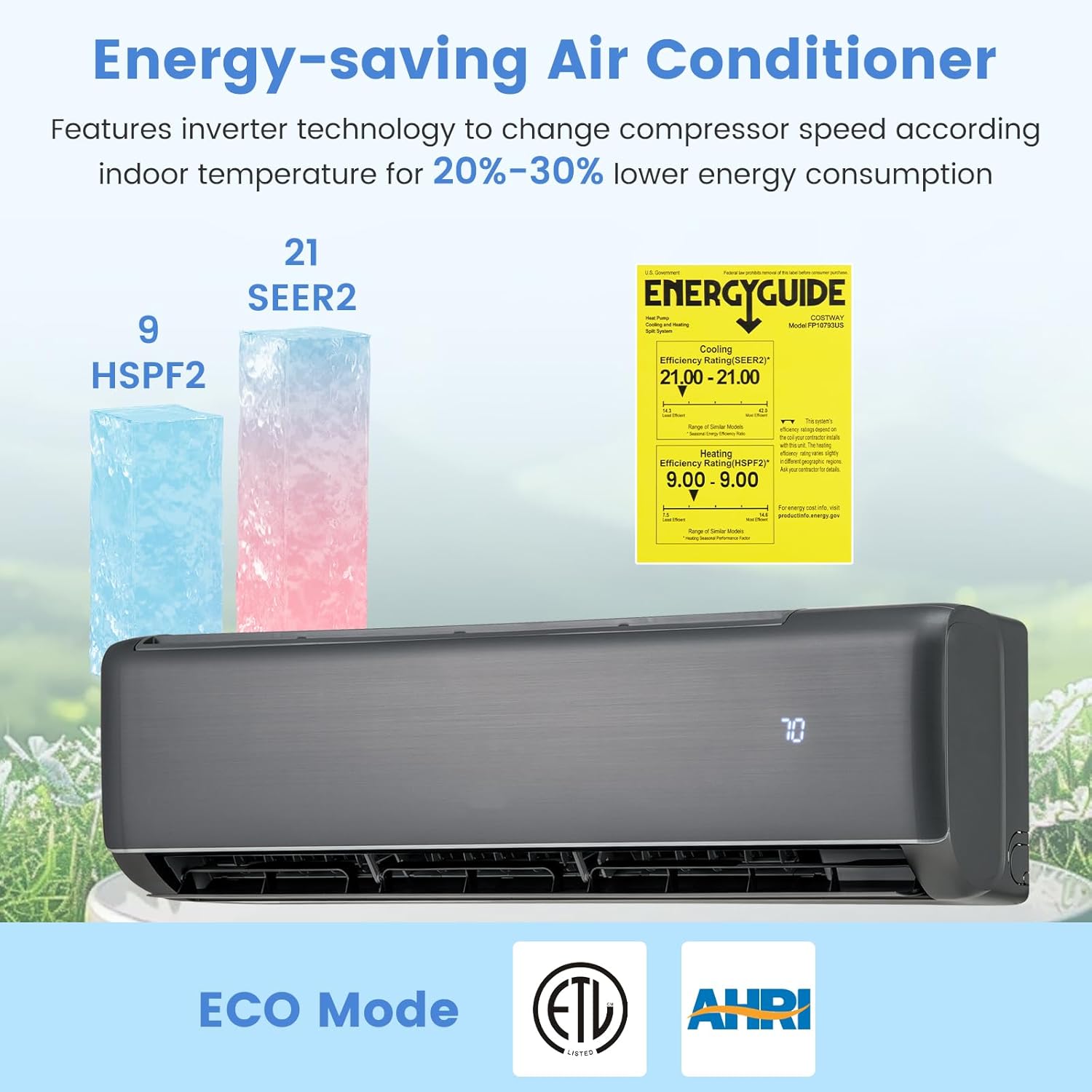 GLACER 18000 BTU Mini Split Air Conditioner & Heater, 21 SEER2 Inverter AC Unit Cools Up to 1250 Sq. Ft, Wall-mounted Tubeless Split-System with Mounting Kit (Grey, 18000BTU, 208-230V)