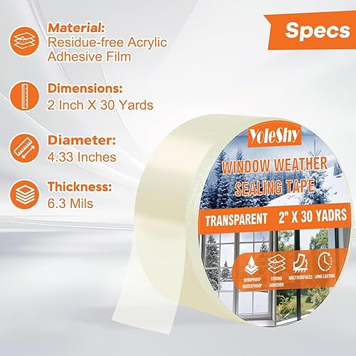 Miniatura 7 de YoleShy Paquete de 3 cintas transparentes de sellado para ventanas de 2 pulgadas x 30 yardas, sin residuos, aislamiento de ventana resistente para