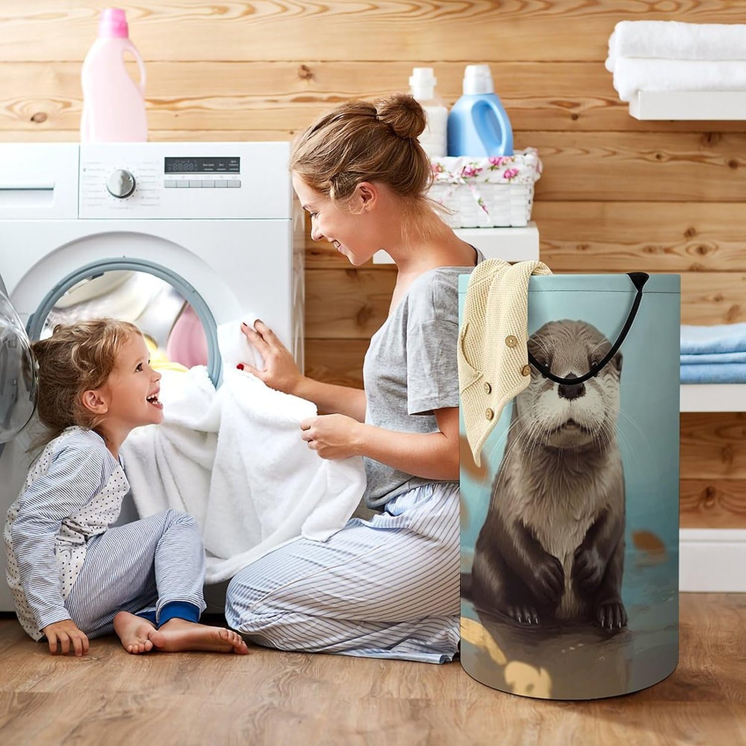 Cute Otter Laundry Hamper with Handles Waterproof Collapsible Laundry Basket Large Lightweight Round Dirty Clothes Hamper for Home Dorm Bathroom Decor