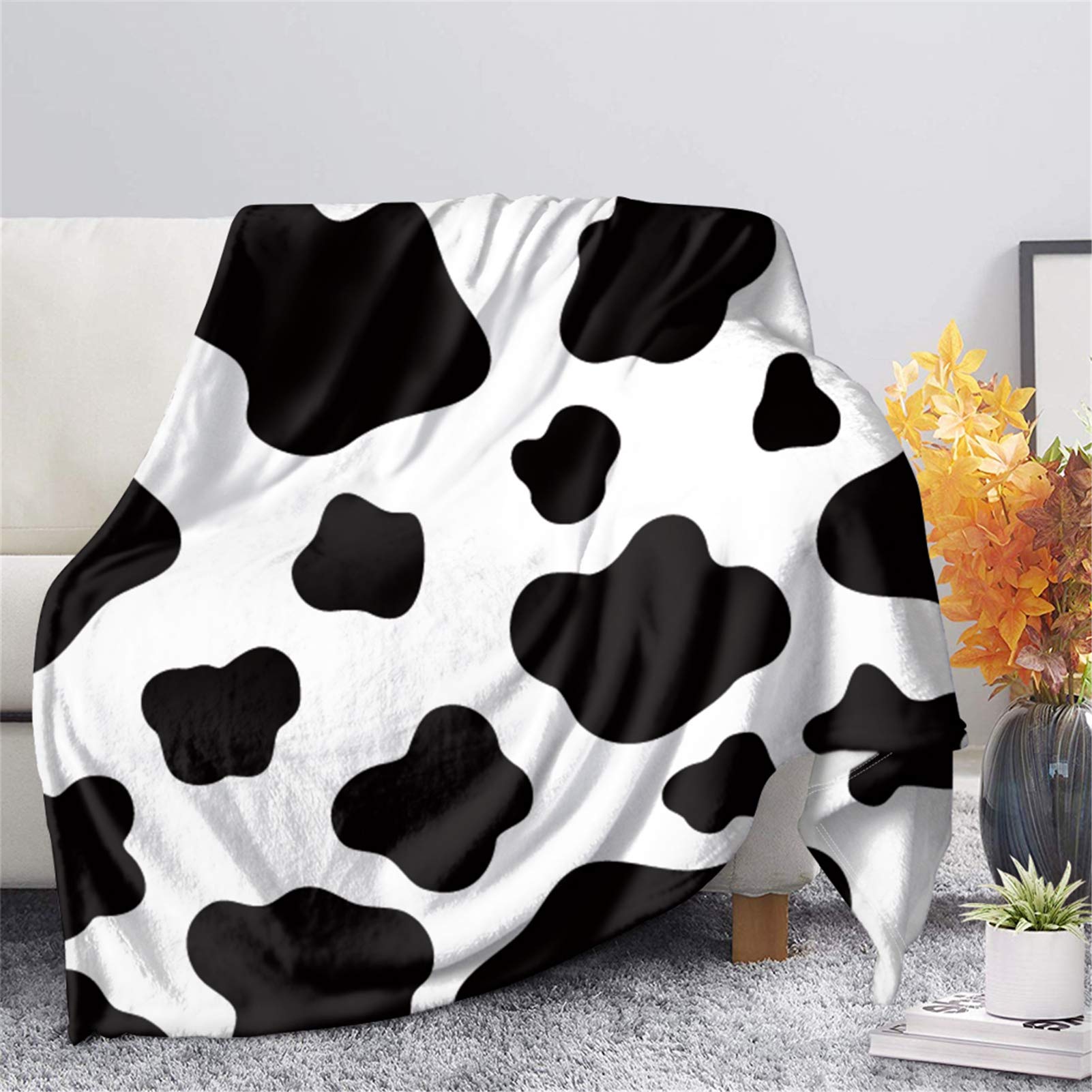 Couverture flanelle polaire imprimé vache lavable, plaid lit canapé microfibre légère