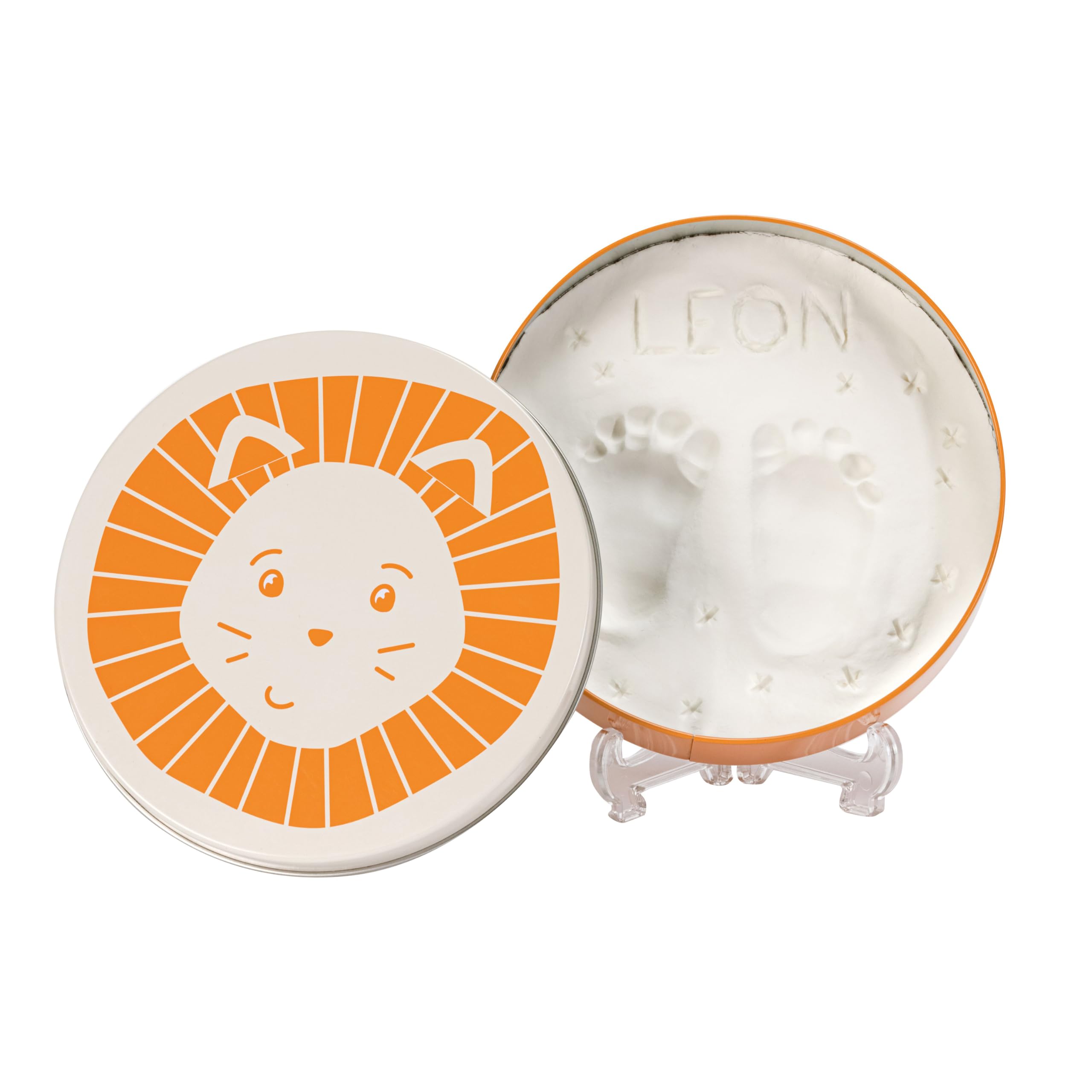 Baby Art Magic Box Lion runde Aufbewahrungsbox aus Metall mit Modelliermasse, Set für Hände und Füße, Geschenk zur Geburt oder Taufe