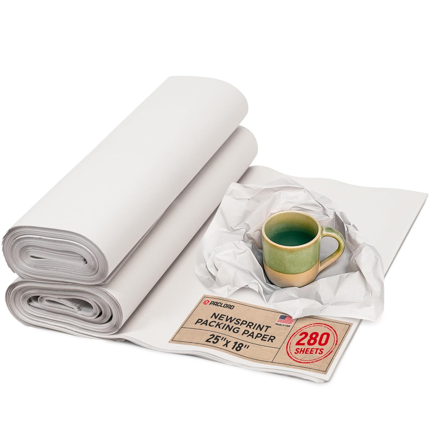 Newsprint Packing Paper Sheets, 25" x 18", Eco-Friendly, Non-Toxic, American Quality Safe, 420 Sheets - Made in USA Newsprint Paper, Unwaxed, Uncoated - Bulk Pack